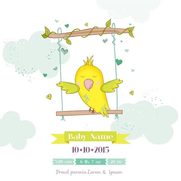 Cute Parrot Swinging. Baby Shower or Arrival Card in vector — Stock Vector