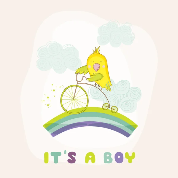 Schattig Parrot met een fiets. Babydouche of aankomst kaart in vector — Stockvector