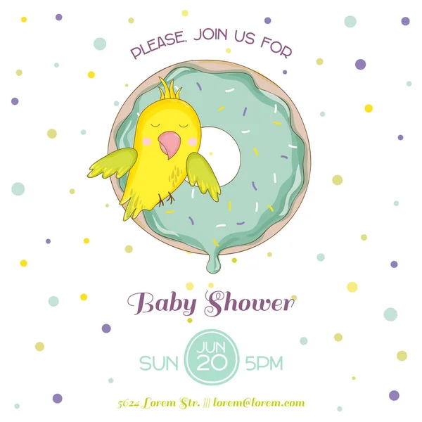 Sevimli papağan üzerinde renkli çörek. Bebek duş veya varış kartı vektör — Stok Vektör