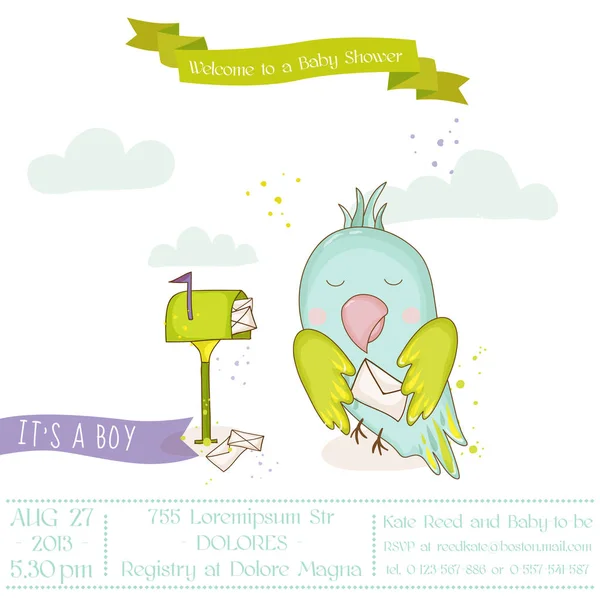 Joli perroquet avec une lettre. Douche de bébé ou carte d'arrivée dans le vecteur — Image vectorielle