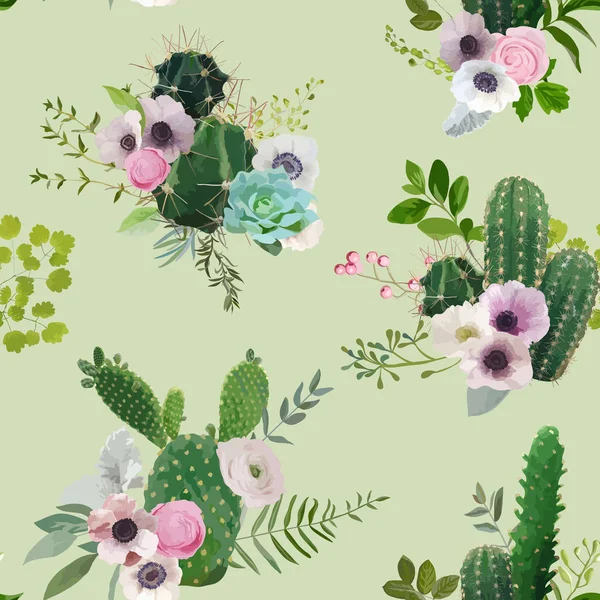 Vector Cactus and Flowers Seamless Pattern. Exotic Tropical Summer Botanical Background. — Stock Vector