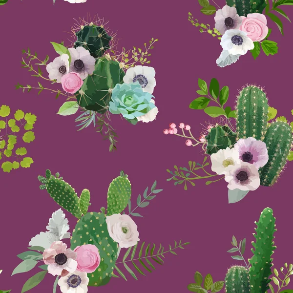 Vector Cactus and Flowers Seamless Pattern. Exotic Tropical Summer Botanical Background. — Stock Vector