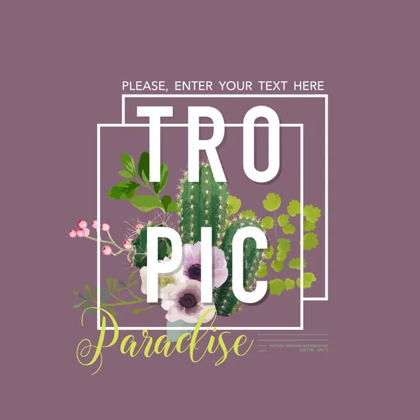 Vintage Tropical Summer Cactus and Flowers Design Gráfico para T-shirt, Moda, Impressões em Vetor — Vetor de Stock