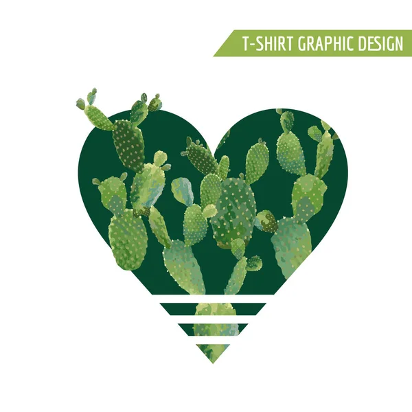 Vintage Tropical Summer Cactus Heart Design Gráfico para T-shirt, Moda, Impressões em Vetor — Vetor de Stock