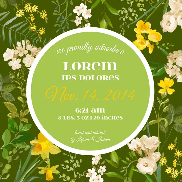 Baby Arrival Summer y Spring Floral Card en estilo acuarela. Vector Vintage campo flores — Archivo Imágenes Vectoriales