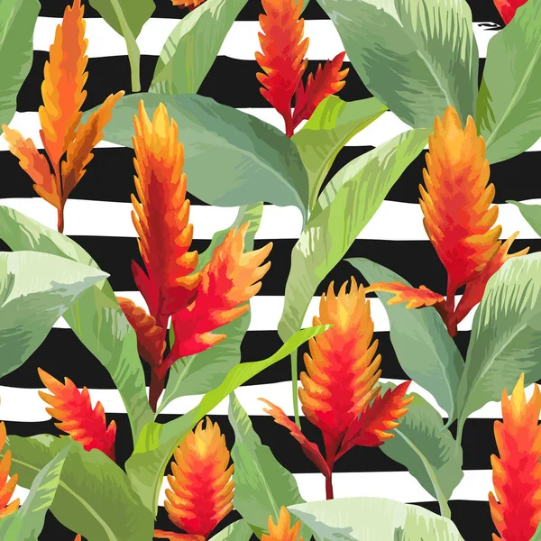 Fondo de hojas y flores tropicales. Patrón sin costura en Vector — Vector de stock