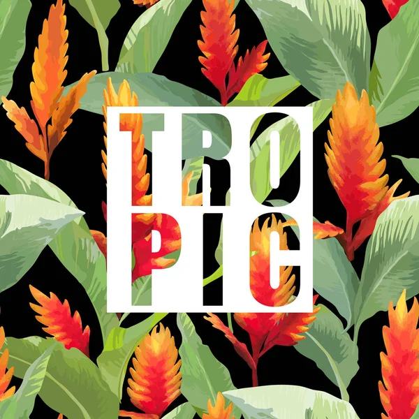 Flores e Folhas Tropicais Fundo Exótico. Vector Banner. T-shirt Design Gráfico — Vetor de Stock