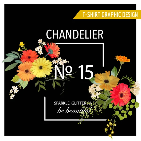 Vintage καλοκαίρι και άνοιξη λουλούδια Graphic Design για T-shirt, μόδα, εκτυπώσεις σε διάνυσμα — Διανυσματικό Αρχείο