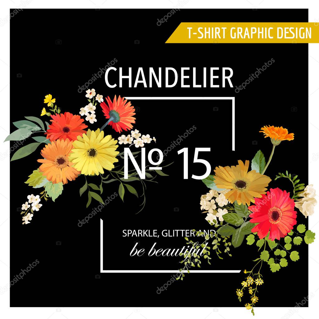 Vintage Summer and Spring Flowers Graphic Design for T-shirt, Fashion, Prints in Vector