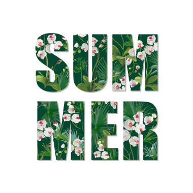 Egzotik yaz tasarım. Tropikal orkide çiçekleri ve yaprakları arka plan. Vektör. T-shirt Moda grafiği.