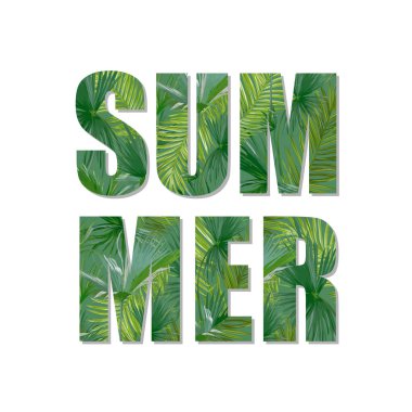 Egzotik yaz tasarım. Tropikal palmiye yaprakları arka plan. Vektör. T-shirt Moda grafiği.