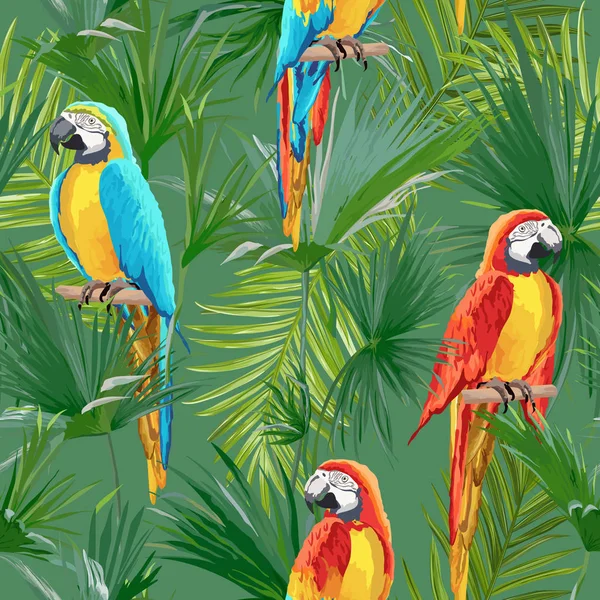 Tropical Seamless Vector Parrot and Floral Summer Pattern. For Wallpapers, Backgrounds, Textures, Textile, Cards. — Stock Vector