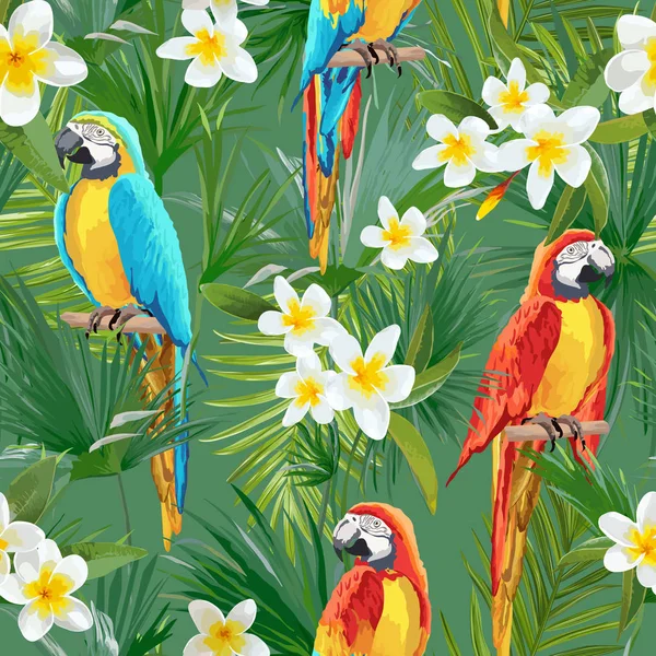 Tropikalny wektor papuga i wzór kwiatowy lato. Tapety, tła, tekstury, włókienniczych, karty. — Wektor stockowy