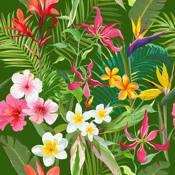 熱帯のシームレスなベクトル夏の花柄。壁紙、背景、テクスチャ繊維カード — ストックベクタ