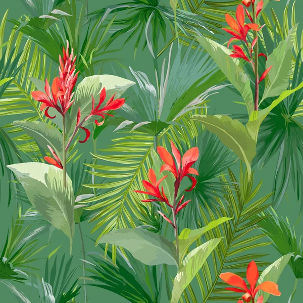 Hojas de palma tropical y flores, hojas de la selva sin costura Vector patrón floral fondo — Vector de stock