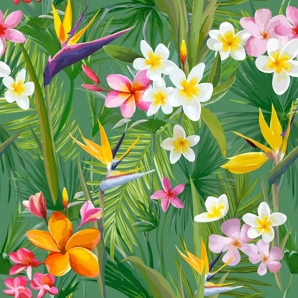 Feuilles et fleurs de palmiers tropicaux, Feuilles de jungle sans couture motif floral vectoriel fond — Image vectorielle