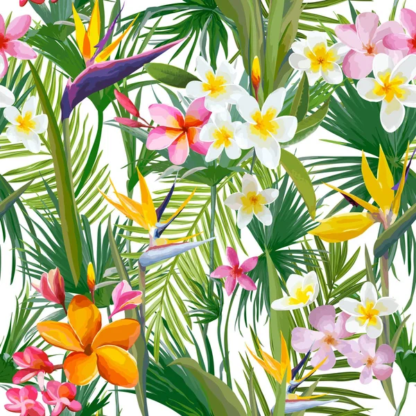 Tropické palmové listy a květy, džungle zanechává pozadí květinový vzor bezešvé vektor — Stockový vektor