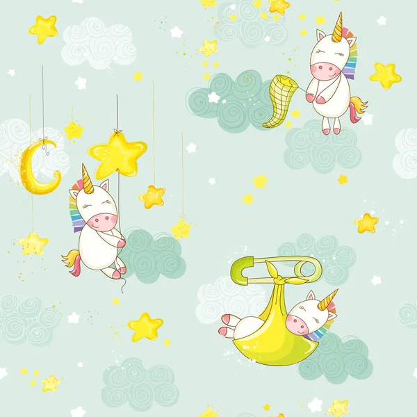 Seamless Baby Sleeping on a Star Unicorn Background Pattern in Vector — Stock Vector