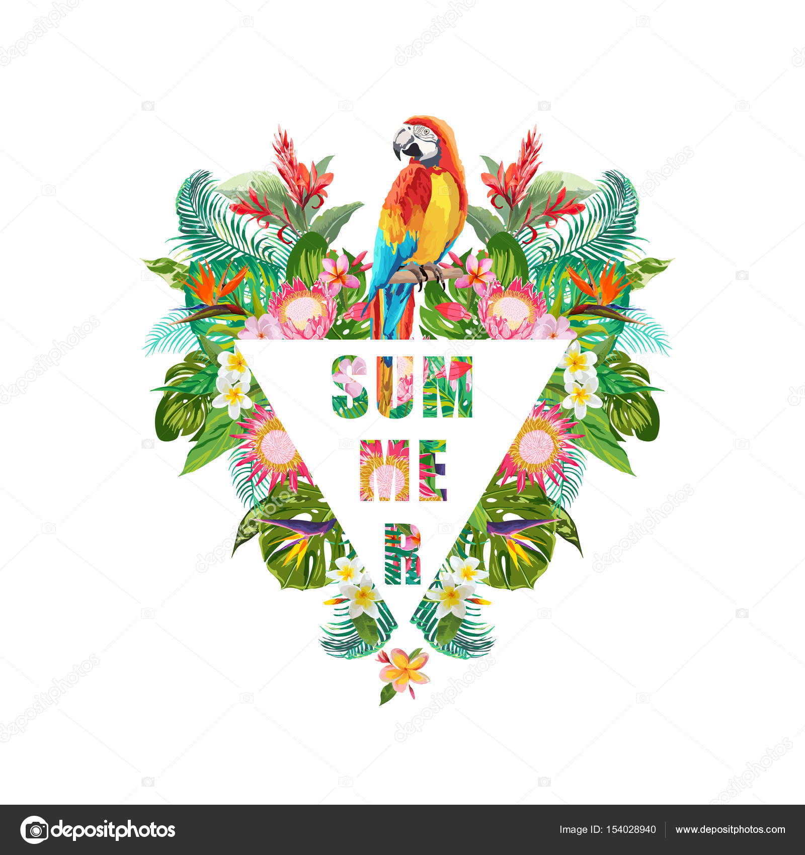 Fiori tropicali e priorit  bassa dell uccello di pappagallo Disegno di estate Vettore Grafico di moda t shirt Esotici — Vettoriali di woodhouse