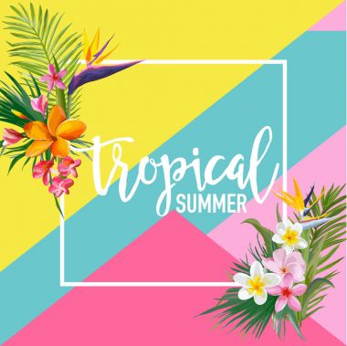 Tropik çiçekler ve avuç içi yaz afiş, grafik arka plan, egzotik çiçek davet, el ilanı veya kartı Modern ön sayfa vektör