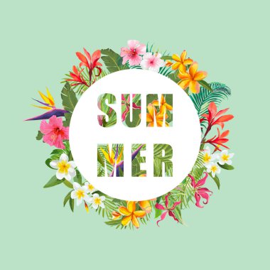 Tropik çiçekler ve avuç içi yaz afiş, grafik arka plan, egzotik çiçek davet, el ilanı veya kartı Modern ön sayfa vektör