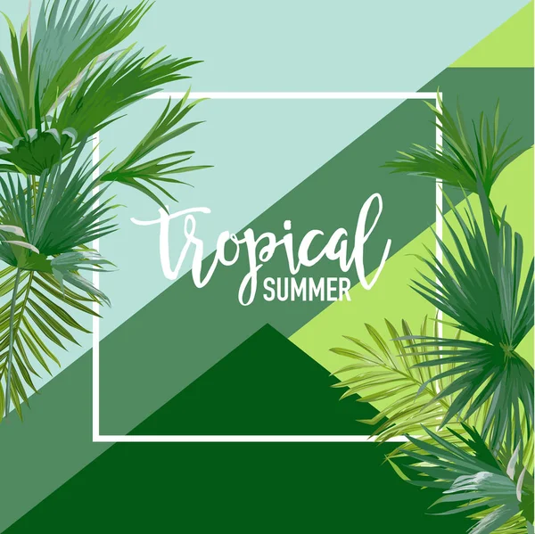 Tropische palmen zomer Banner, grafische achtergrond, exotische bloemen uitnodiging, Flyer of Card. moderne voorpagina in Vector — Stockvector