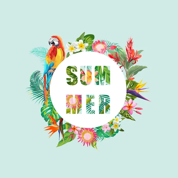 Tropical Flowers and Parrot Bird Background (en inglés). Diseño de verano. Vector. Camiseta Fashion Graphic. Exótico. . — Vector de stock