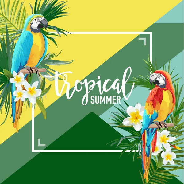 Banner de Verano de Flores Tropicales y Loro, Fondo Gráfico, Invitación Floral Exótica, Volante o Tarjeta. Portada moderna en Vector — Archivo Imágenes Vectoriales