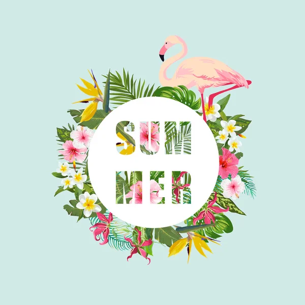 Tropische Flamingo vogel en bloemen achtergrond. Zomer Design. Vector. T-shirt Fashion afbeelding. Exotische. — Stockvector