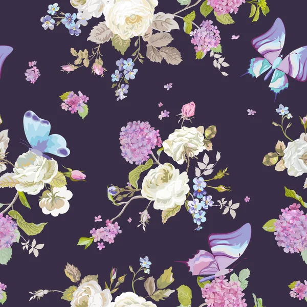 Fondo de flores de colores con mariposas. Patrón Shabby Chic Floral sin costuras en vector — Vector de stock
