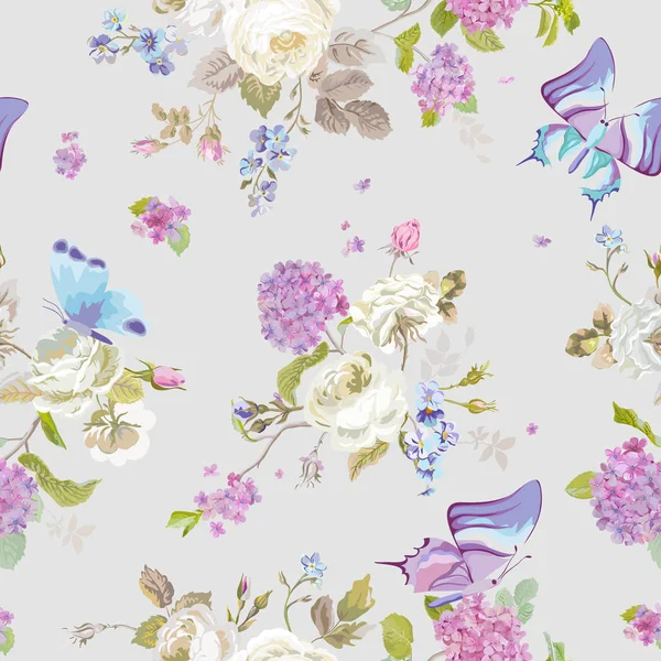 Colorful Flowers Background with Butterflies. Seamless Floral Shabby Chic Pattern in vector — Stock Vector