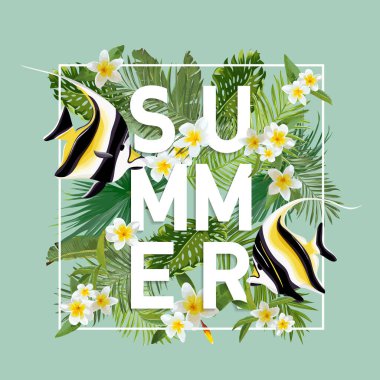 Tropikal çiçek ve egzotik balık arka plan. Vektör yaz tasarım. T-shirt Moda grafiği.