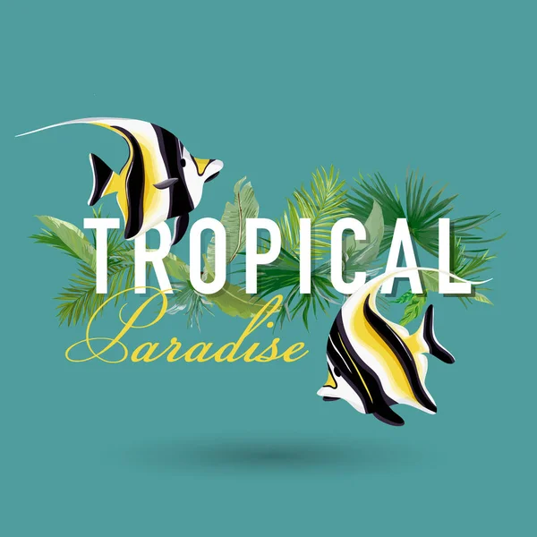 Folhas de palma tropicais e design gráfico de peixes exóticos para camiseta, moda, estampas em vetor — Vetor de Stock
