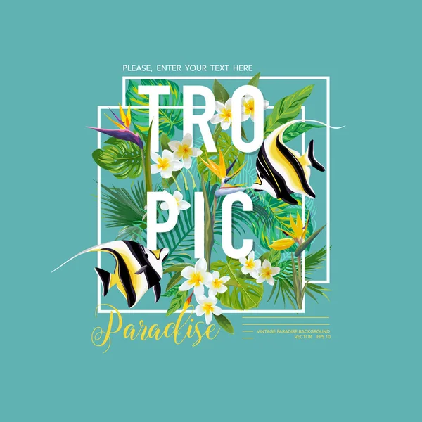 Tropische bladeren en bloemen, exotische vissen grafisch ontwerp voor T-shirt, mode, Prints, Tropic Banner en Flyer in Vector — Stockvector