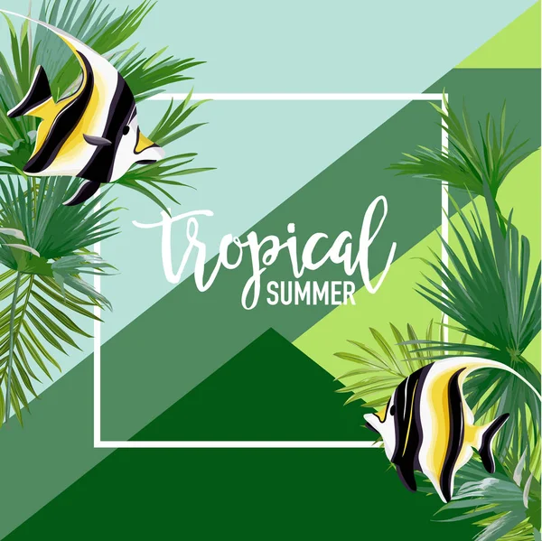 Banner de verão de peixes tropicais, fundo gráfico, convite floral exótico, panfleto ou cartão. Página frontal moderna em Vector — Vetor de Stock