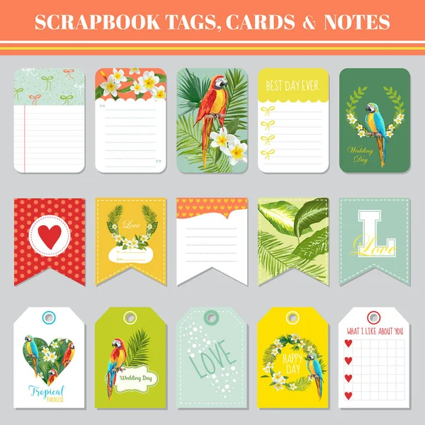 Tropische bloemen en papegaaien thema voor Scrapbook Tags, kaarten en notities voor de partij van de verjaardag, Baby Shower, ontwerpen — Stockvector