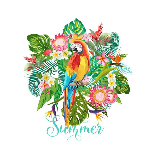 Tropische Blumen und Papageienvogel Hintergrund. Sommerdesign. T-Shirt Mode Grafik. exotisch. — Stockvektor