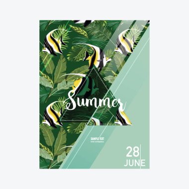Broşür şablonu. Tropikal balık yaz grafik arka plan, egzotik çiçek afiş, davetiye, el ilanı veya kartı Modern ön sayfa