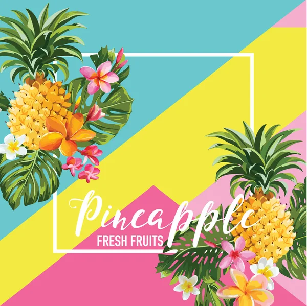 Banner de verão de frutas e flores de abacaxi tropical, fundo gráfico, convite floral exótico, panfleto ou cartão —  Vetores de Stock