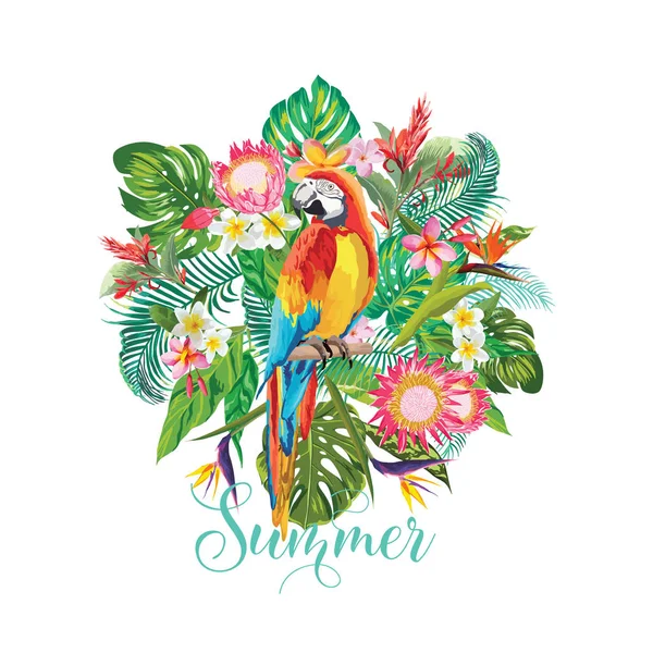 Tropik çiçekler ve papağan kuş arka plan. Yaz tasarım. T-shirt Moda grafik. Egzotik.