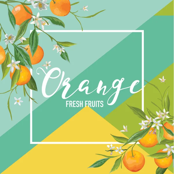 Banner de verão de frutas e flores de laranja tropical, fundo gráfico, convite floral exótico, panfleto ou cartão. Página frontal moderna — Vetor de Stock