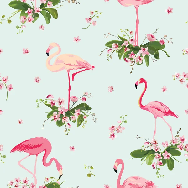 Flamingo-Vogel und tropische Orchideenblumen Hintergrund. Nahtloses Retro-Muster — Stockvektor