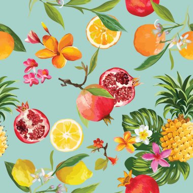 Sorunsuz tropikal meyve deseni. Nar, limon, portakal çiçekleri, yaprak ve meyve arka plan.