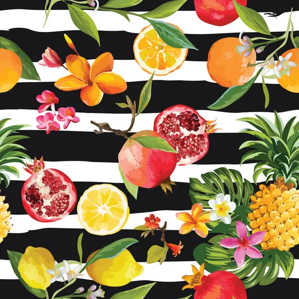 완벽 한 열 대 과일 패턴입니다. 석류, 레몬, 오렌지 꽃, 잎 및 과일 배경. — 스톡 벡터