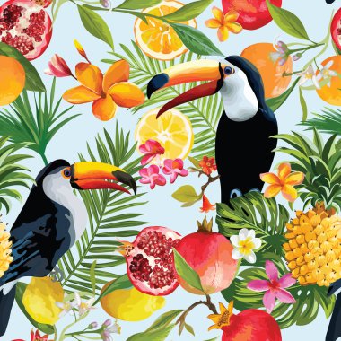 Sorunsuz tropikal meyve ve Toucan desen vektör. Nar, limon, portakal çiçekleri, yaprak ve meyve arka plan.