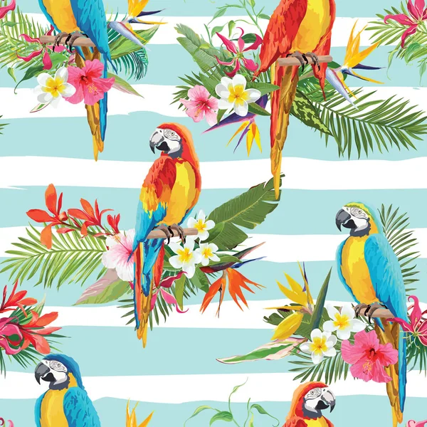 Tropische bloemen en vogels papegaai naadloze achtergrond. Retro zomer patroon in Vector — Stockvector