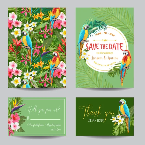 Enregistrez le jeu de cartes de date. Fleurs tropicales et perroquets Invitation de mariage en vecteur — Image vectorielle