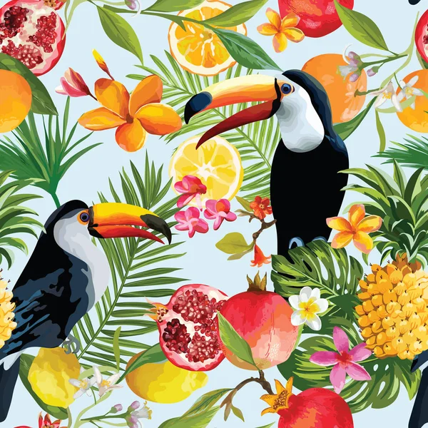 Naadloze tropische vruchten en Toucan patroon in Vector. Granaatappel, citroen, oranje bloemen, bladeren en vruchten achtergrond. — Stockvector