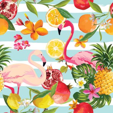 Sorunsuz tropikal meyve ve Flamingo desen vektör. Nar, limon, portakal çiçekleri, yaprak ve meyve arka plan.