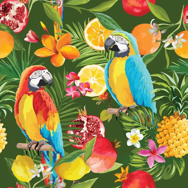 Бесшовные тропические фрукты и образец попугая в векторе. Гранат, лимон, апельсиновые цветы, листья и фрукты фон . — стоковый вектор